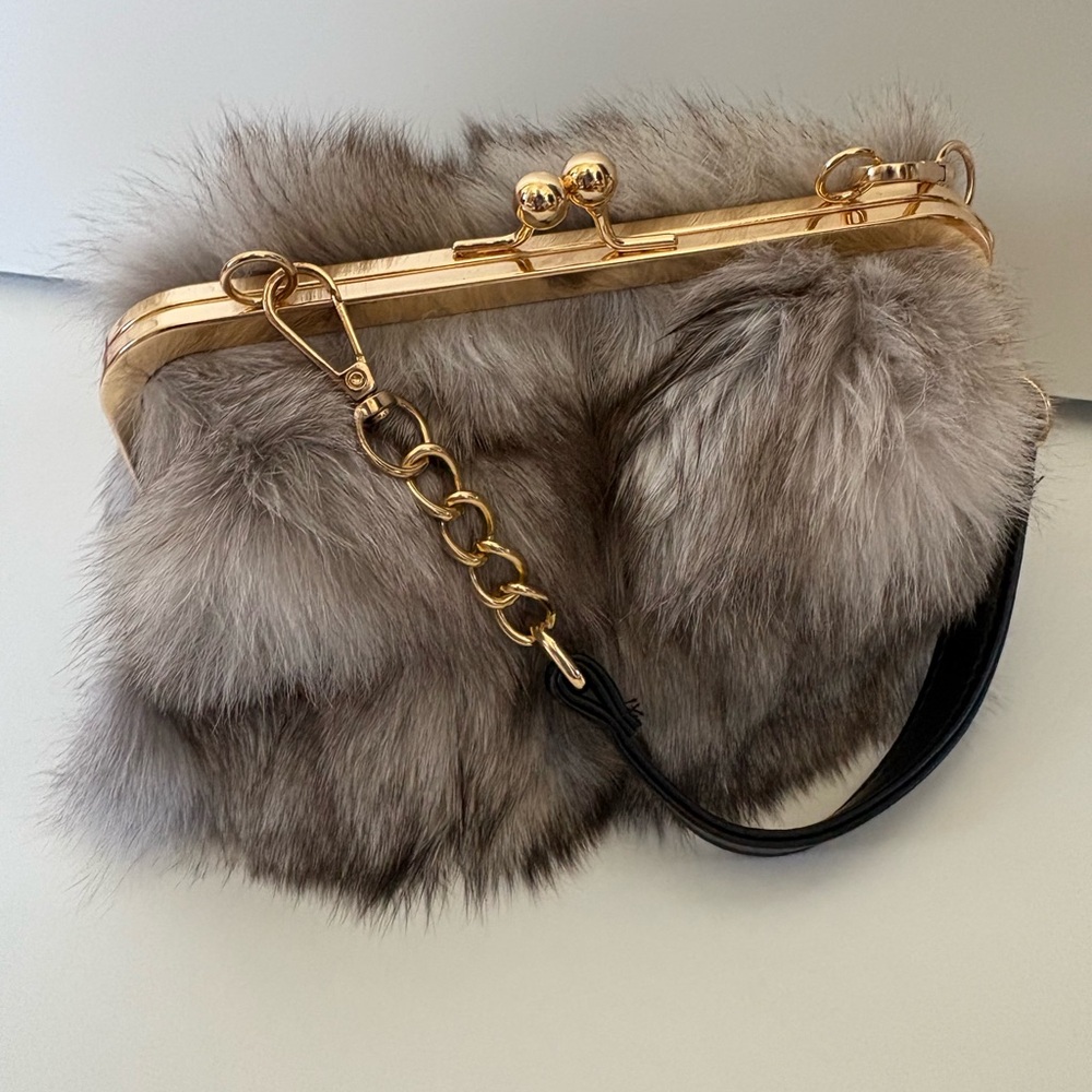 Fur Mini Bag with Gold Chain Handle - Gray